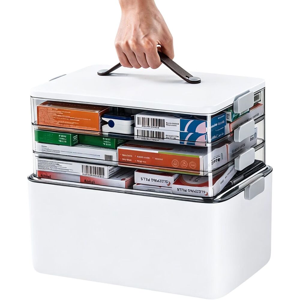 4 Tier Medicine Organizer Box Handle Side Latches 3 Clear Trays Deep Storage Bin
